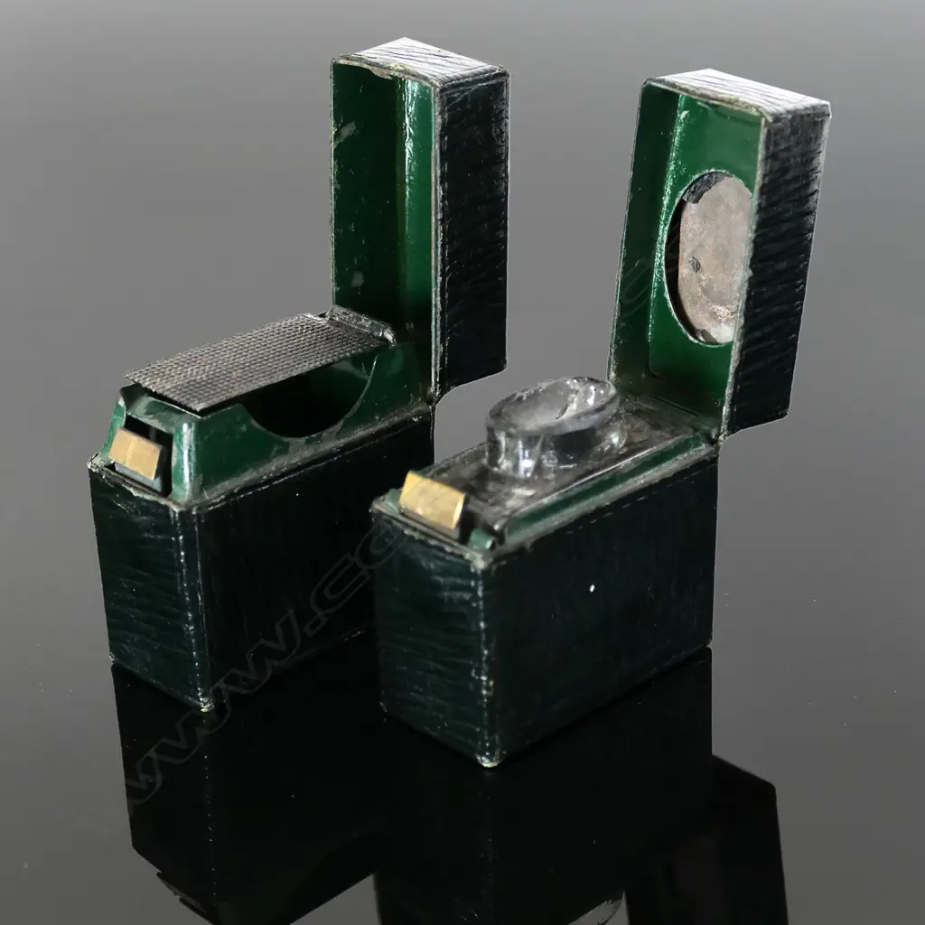 Matching Pair Travelling  Ink Well and Vesta (matches), complete with undamaged glass ink container and match striker with match chamber. Image 1++