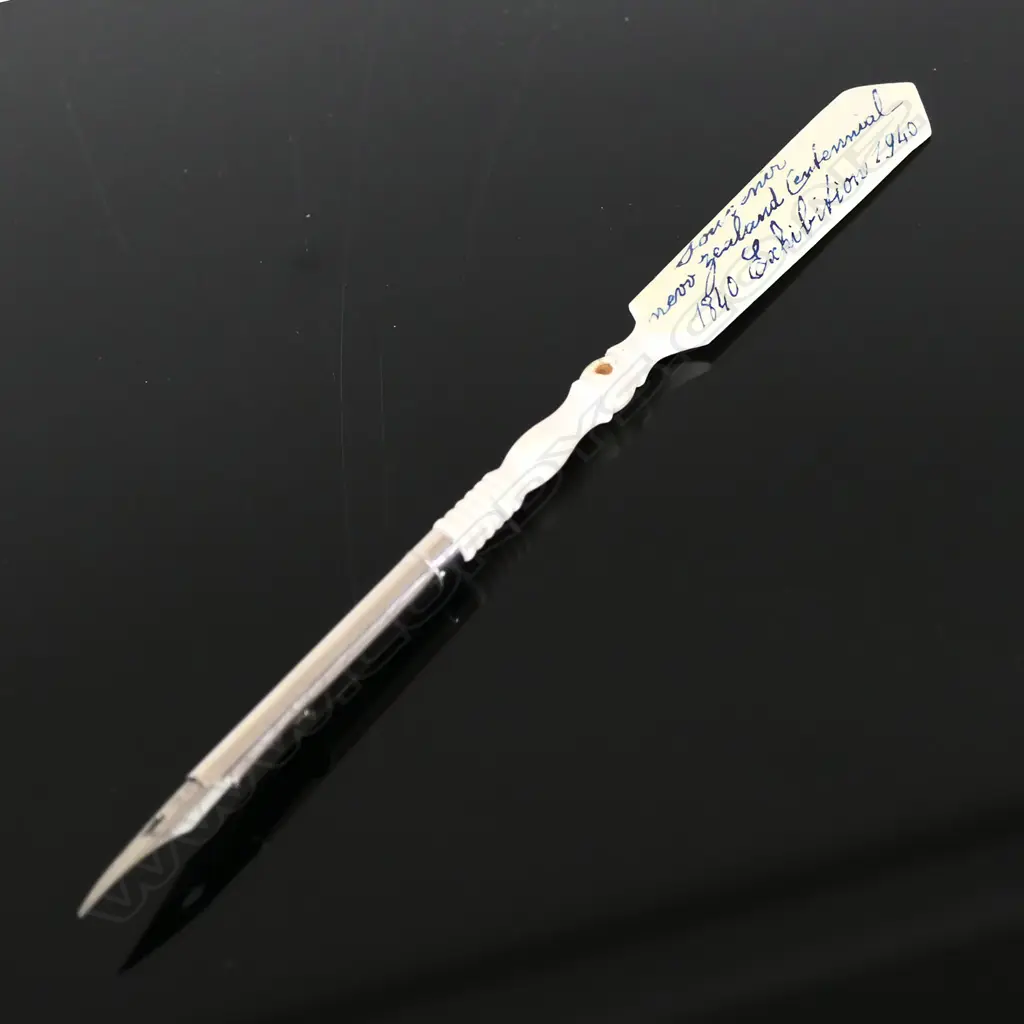 Souvenir turned bone Letter Opener and Writing Pen from the NZ Centennial Exhibition, Wellington, 1940. Image 1++