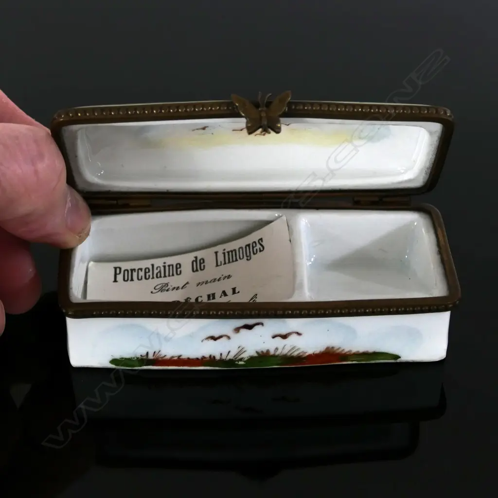 Limoges Porcelain, Two Compartment Stamp Box Made in France, Image 1++