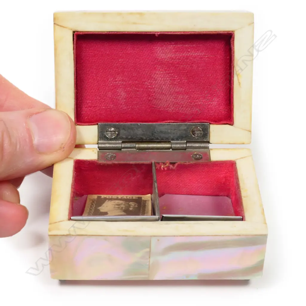 Vintage Mother of Pearl Lined Stamp Two Compartment, Box. Image 1++