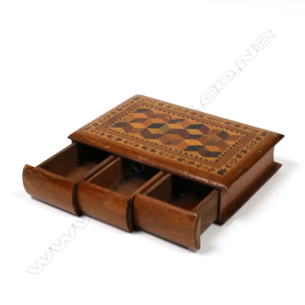 Tunbridge Ware Box, shaped like a book with the three postage stamp compartments, Image 1++