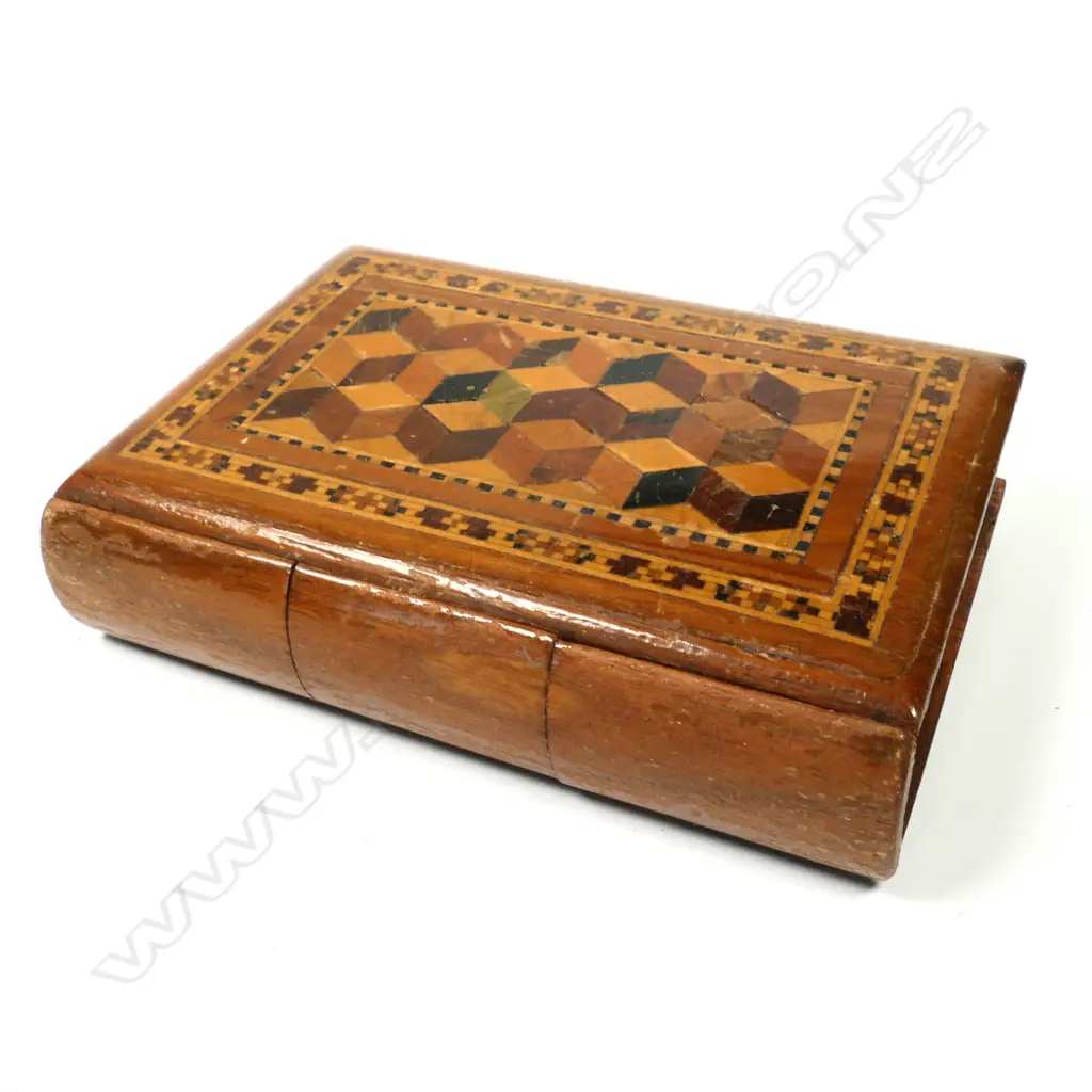 Tunbridge Ware Box, shaped like a book with the three postage stamp compartments, Image 1++