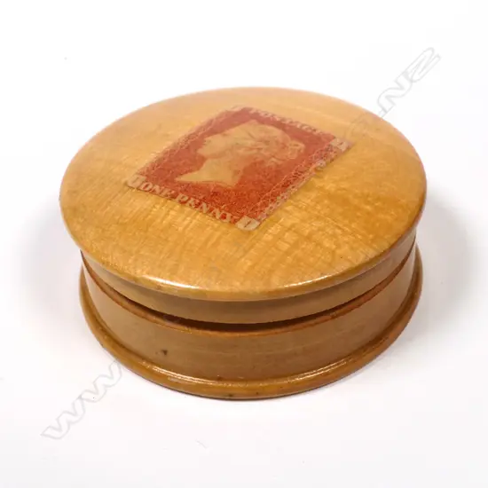 Mauchline Ware Single Stamp Compartment Circular Stamp Box,