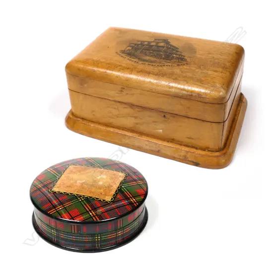 A Mauchline Ware small box and a Tartan Ware circular small box