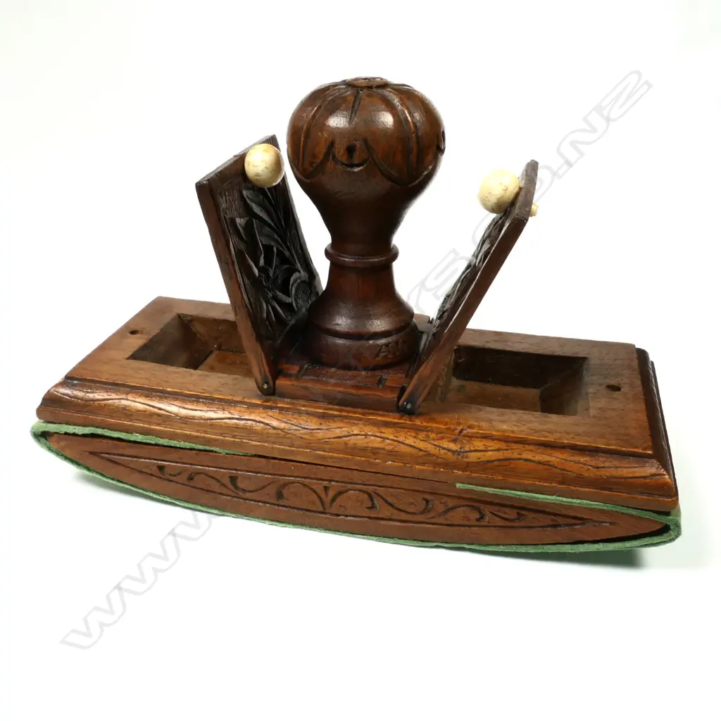Carved Wooden Blotter with Two Single Postage Stamp Compartments built into the top, Image 1++
