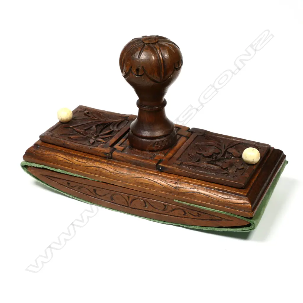 Carved Wooden Blotter with Two Single Postage Stamp Compartments built into the top, Image 1++