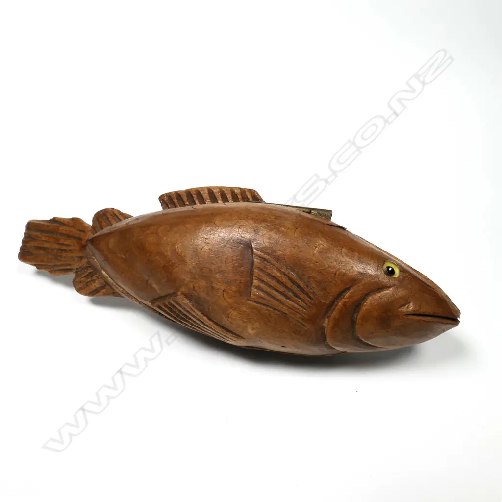 Novelty Wooden Double Postage Stamp Compartment, carved as a fish, Image 1++