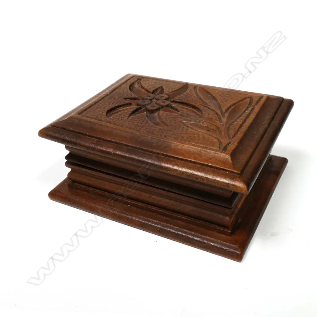 Wooden Single Stamp Compartment Box with carved top floral design (Swiss) Image 1++