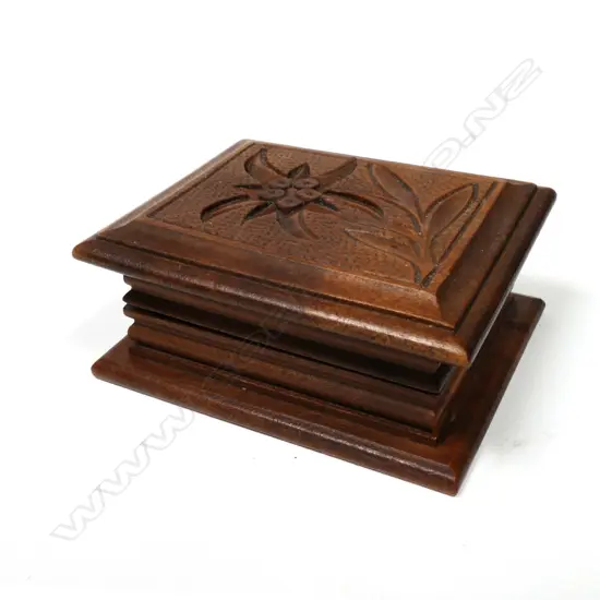 Wooden Single Stamp Compartment Box with carved top floral design (Swiss)
