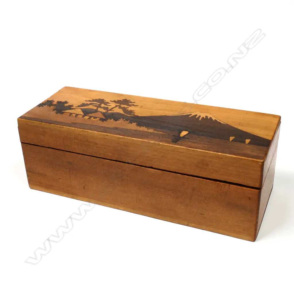 Wooden Triple Stamp Box, Japanese scene including Mt. Fuji on the hinged top. Image 1++