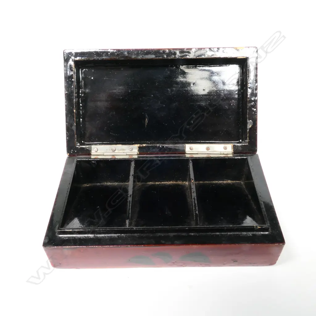 Highly Lacquered Wooden Triple Stamp Box, Japanese postage stamps on the hinged top. Image 1++