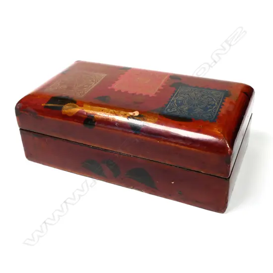 Highly Lacquered Wooden Triple Stamp Box, Japanese postage stamps on the hinged top.