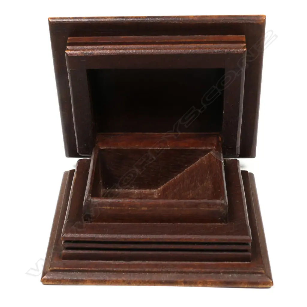 Wooden Single Stamp Box with a hinged top carved and decorated with a Swiss Chalet. Image 1++