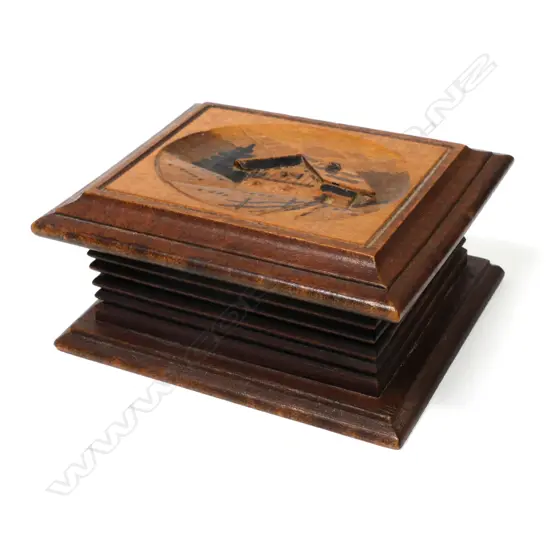 Wooden Single Stamp Box with a hinged top carved and decorated with a Swiss Chalet.