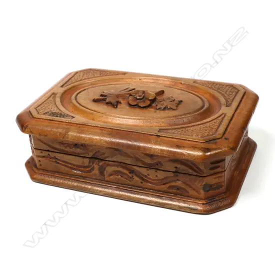 Wooden Double Stamp Box with a top carved with a floral motif,