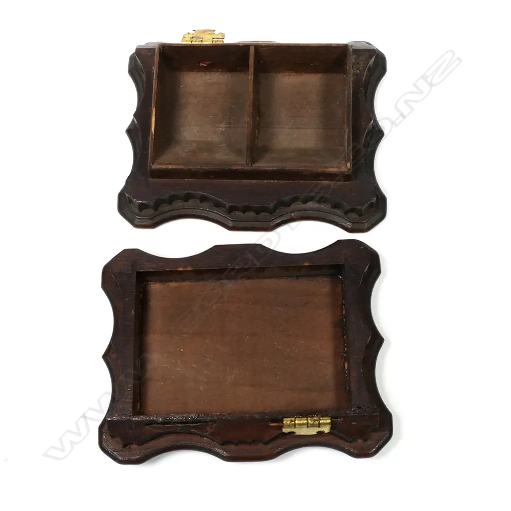 Wooden ‘Shaped’ Double Stamp Box with a secret hinged top carved with a floral motif. Image 1++