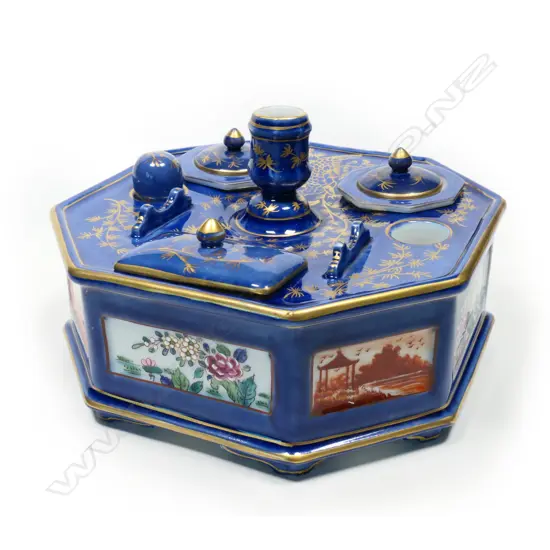 Porcelain Desk Set, octagonal, dark blue ground with gilded pine tree motifs,