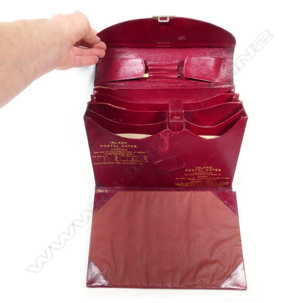 Red leather Travelling Writing Case with Stamp Compartment and the current Inland Postal Rates Image 1++