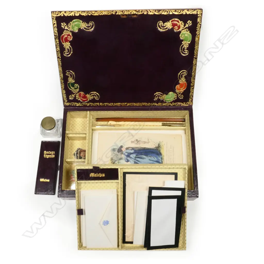 Antique (1860s) Tooled Leather Embossed Gold Gilt and Coloured Travelling Writing Case Image 1++