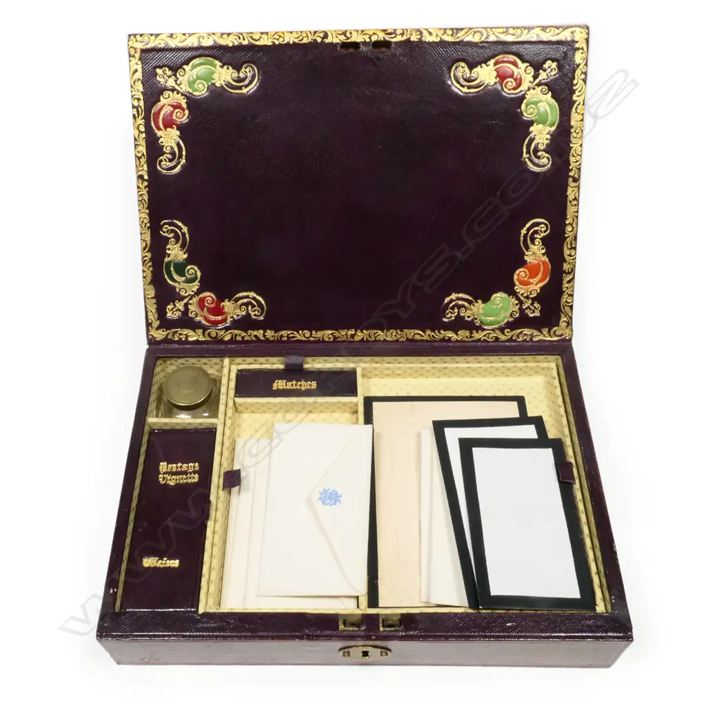 Antique (1860s) Tooled Leather Embossed Gold Gilt and Coloured Travelling Writing Case Image 1++