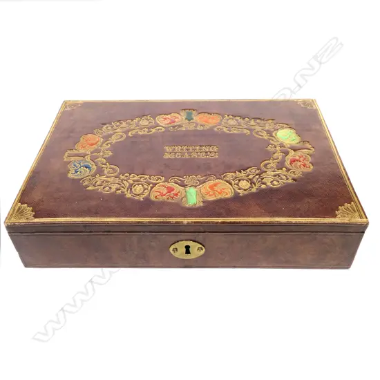 Antique (1860s) Tooled Leather Embossed Gold Gilt and Coloured Travelling Writing Case