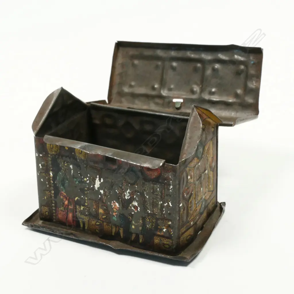 Tin Money Box in the shape of a House with decorative scenes all well-worn, Image 1++