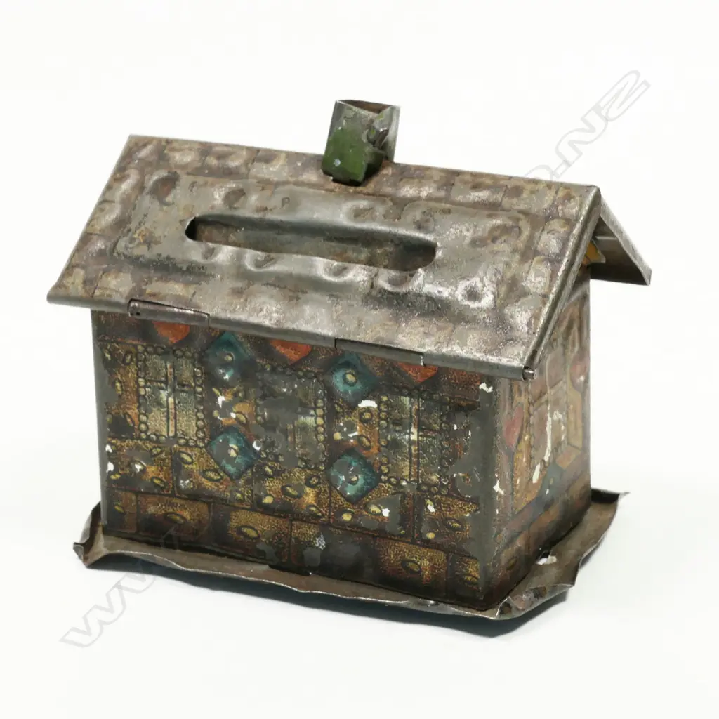 Tin Money Box in the shape of a House with decorative scenes all well-worn, Image 1++