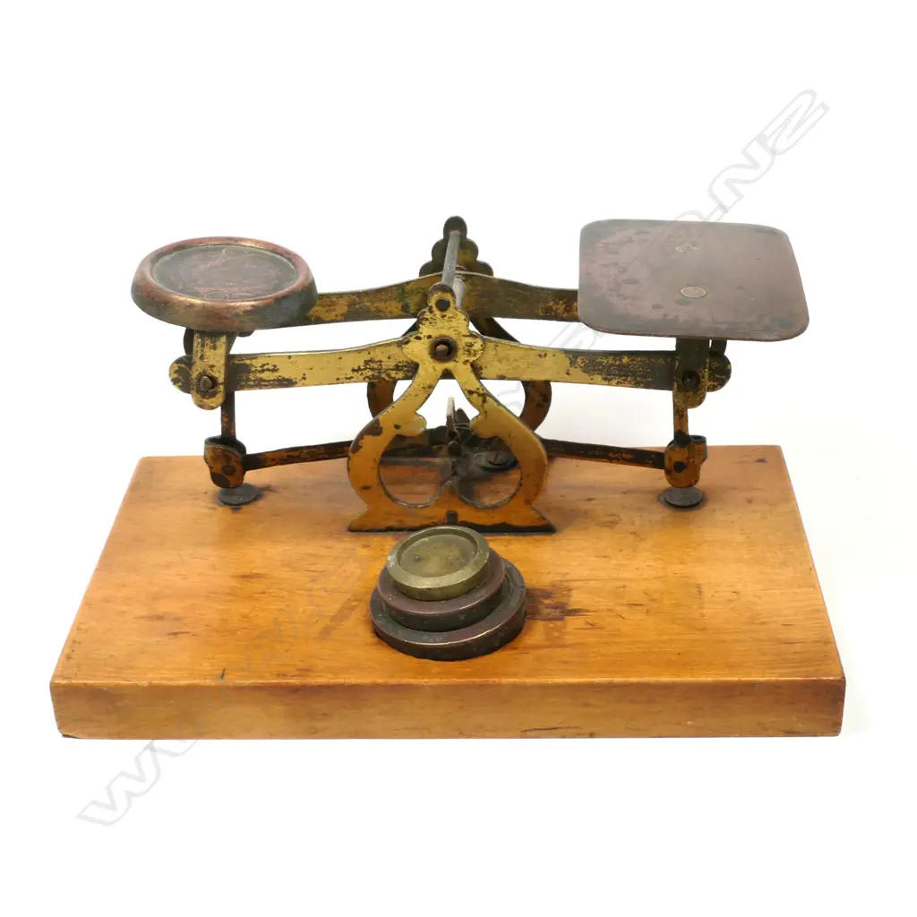 A Brass ‘Roberval Letter Scale, mounted on a simple plain timber base Image 1++