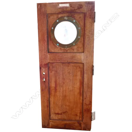 (M71) 20thC TEAK BULKHEAD DOOR, WITH SMALL DEADLIGHT (BRASS FIXED PORTHOLE)...