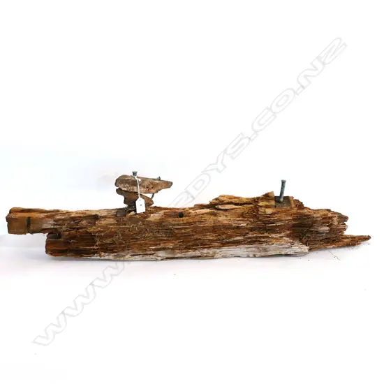 (M30) PIECE OF DISTRESSED SHIPWRECK TIMBER WITH COPPER TRENNILS. L.870mm