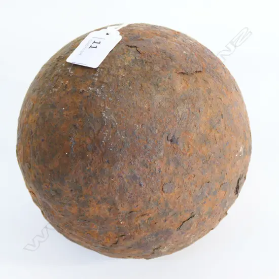 (71) OLD IRON 30lb CANNON BALL, ON STAND. Approx Dia.150mm (6")