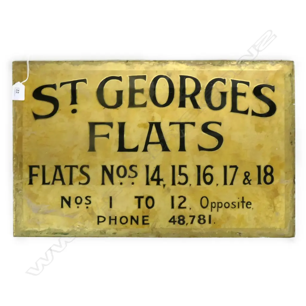 'ST GEORGES FLATS' REVERSE PAINTED & GILDED BUILDING SIGN. 360 x 560mm Image 1++