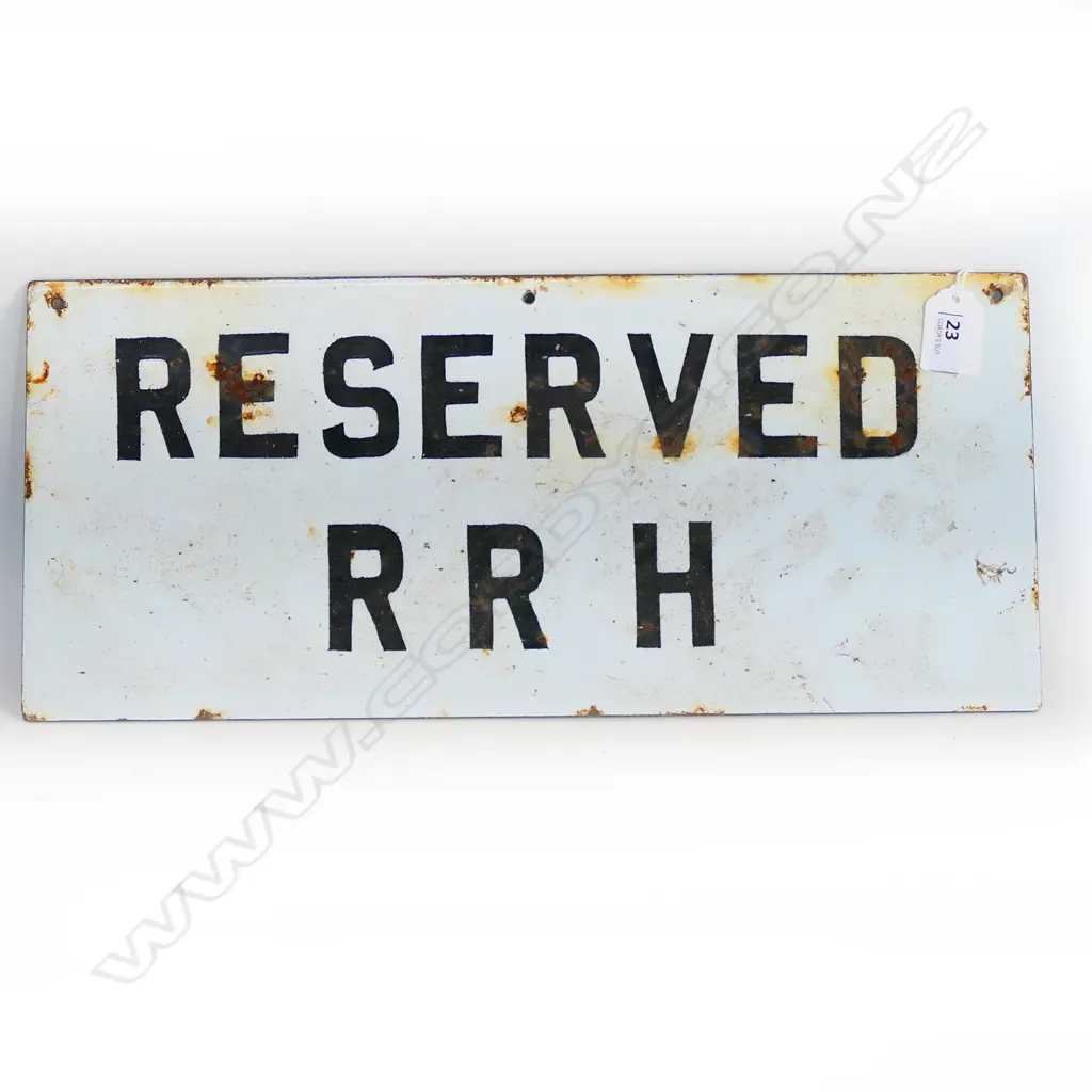 'RESERVED R R H' ENAMEL ON STEEL SIGN 180 x 410mm Image 1++