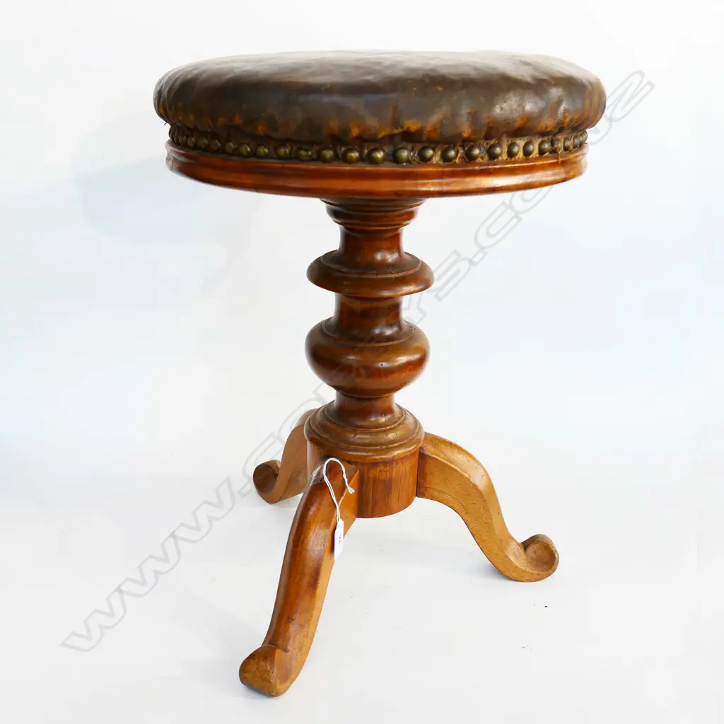 WALNUT TRIPOD BASED ADJUSTABLE STOOL with LEATHER TOP Image 1++