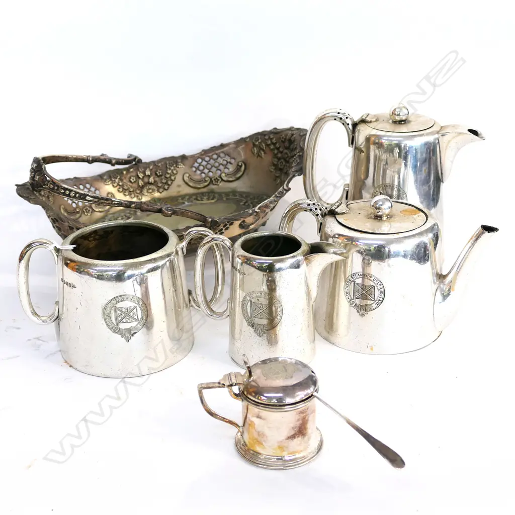 EPNS 4 PCE TEA SET & MUSTARD POT ENGRAVED w N.S.S.Co LOGO Image 1++