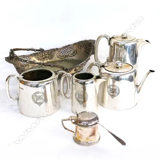 EPNS 4 PCE TEA SET & MUSTARD POT ENGRAVED w N.S.S.Co LOGO