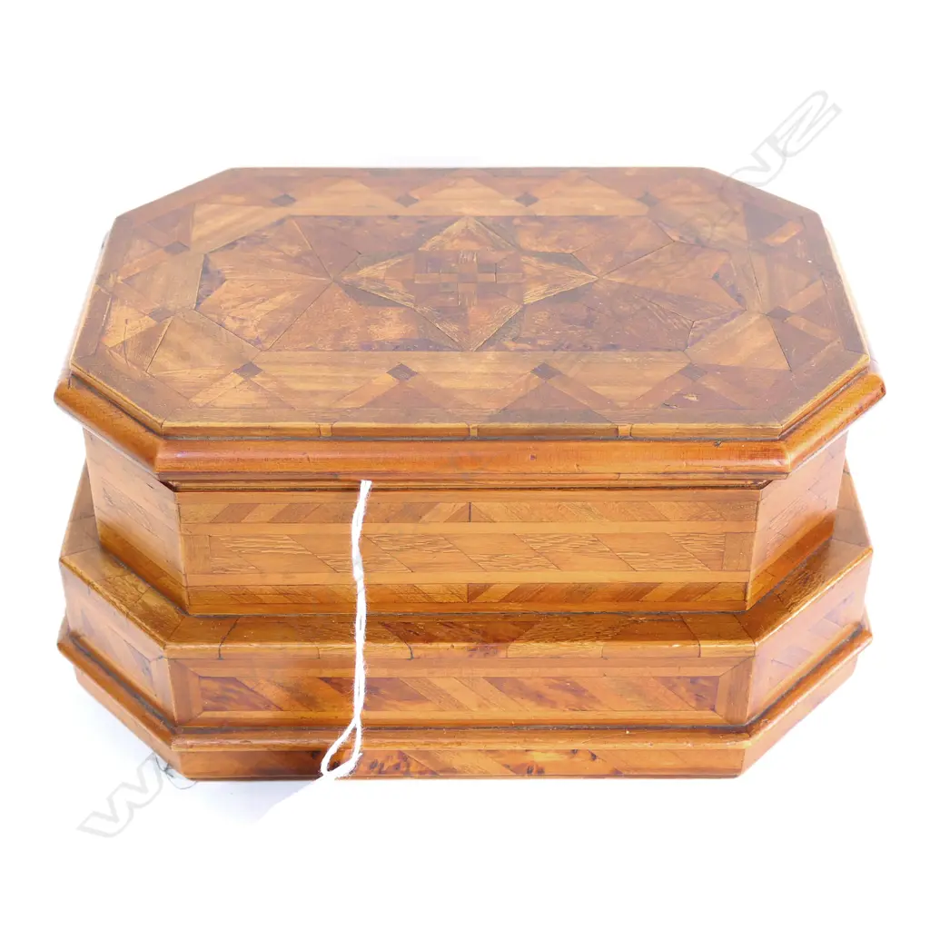 LOZENGE SHAPED NATIVE TIMBERS INLAID BOX. L.230mm Image 1++