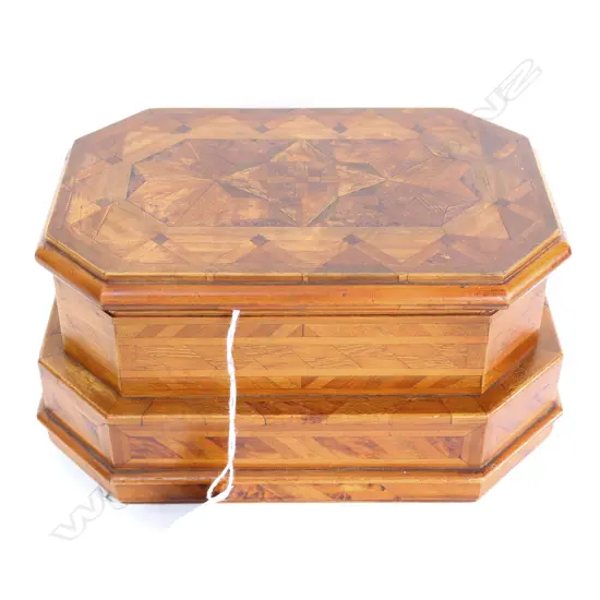 LOZENGE SHAPED NATIVE TIMBERS INLAID BOX. L.230mm