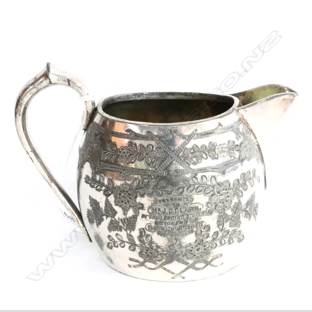 EPNS MILK JUG w PRESENTATION ENGRAVING "..To Mr. J.D. Clark by the Leading Stokers & Stokers of HMS Thunderer Image 1++