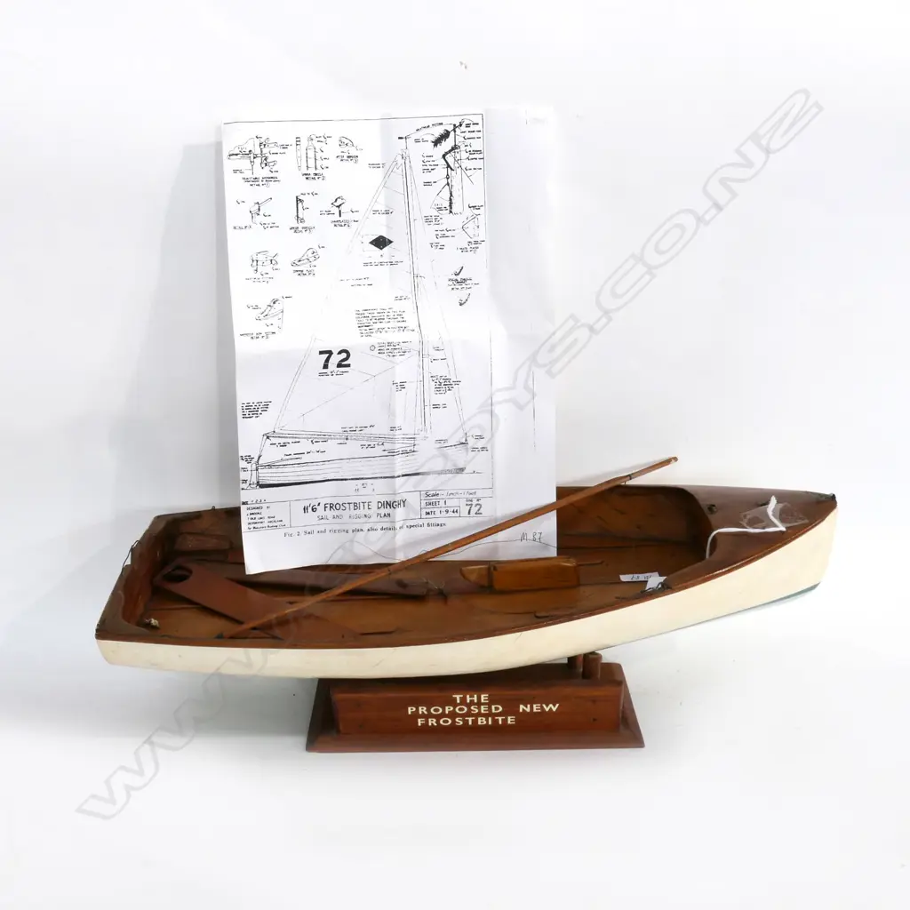 (M87) * SEE CATALOGUE UPDATE* MODEL OF FROSTBITE DINGY, ON CRADLE. DESIGNED  BY J BROOKE 1944. SEE PLAN. L.440mm Image 1++