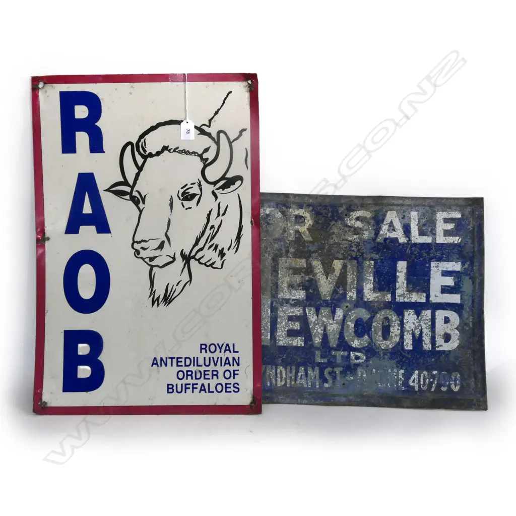 2 TIN SIGNS 'FOR SALE, NEVILLE NEWCOMBE' & 'R.A.O.B' (PAINTED ON TIN) TALLEST 600mm Image 1++