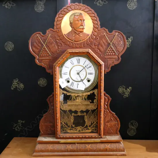 AMERICAN-SPANISH WAR COMMEMORATIVE MANTEL CLOCK by INGRAHAM , w ADMIRAL DEWEY PORTRAIT