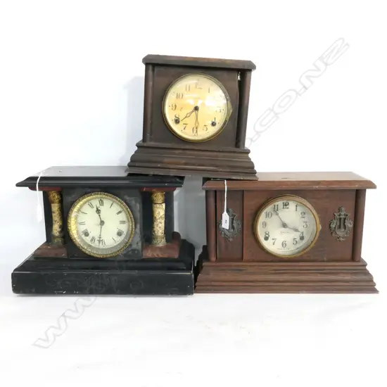 3 MANTEL CLOCKS, WOODEN RECTANGULAR CASES. LARGEST W.370mm