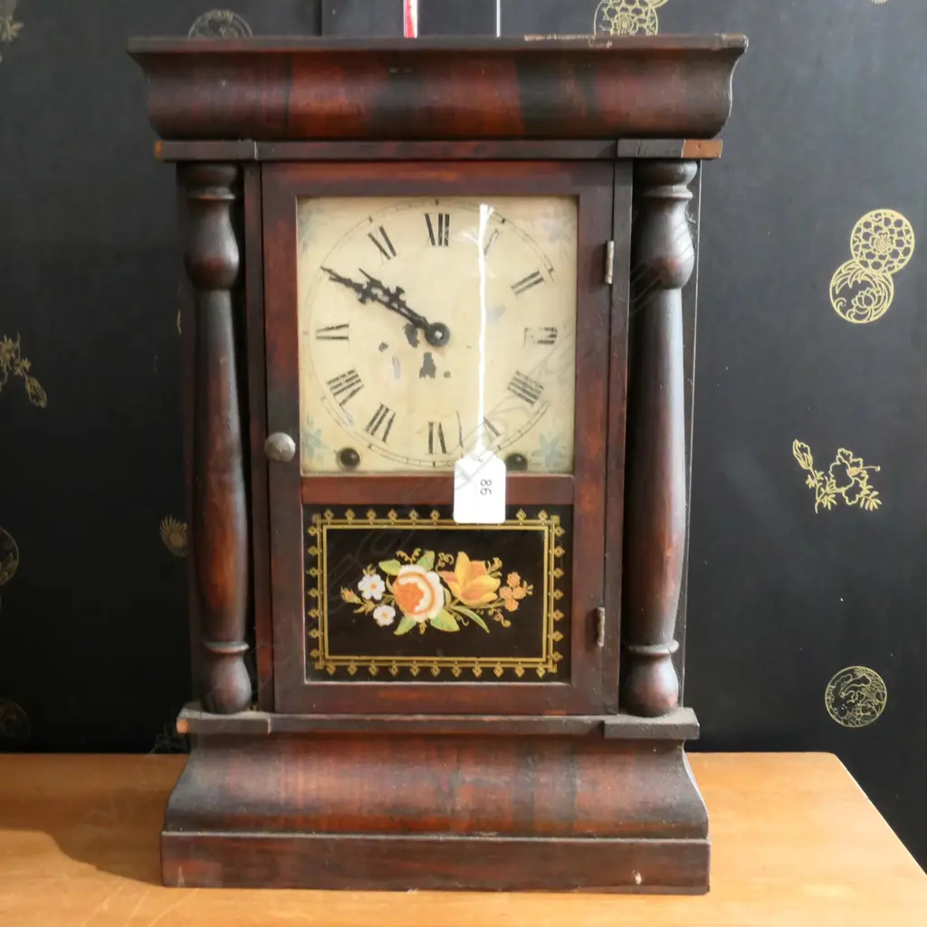 (H37) MANTEL PICTURE CLOCK  WITH STRIKE.ORIG PAINTED GLASS DOOR. Image 1++