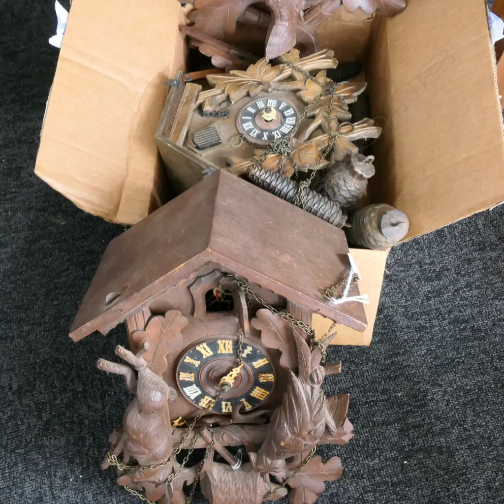 2 BLACK FOREST CUCKOO CLOCKS (IN PARTS). H.330mm APPROX Image 1++