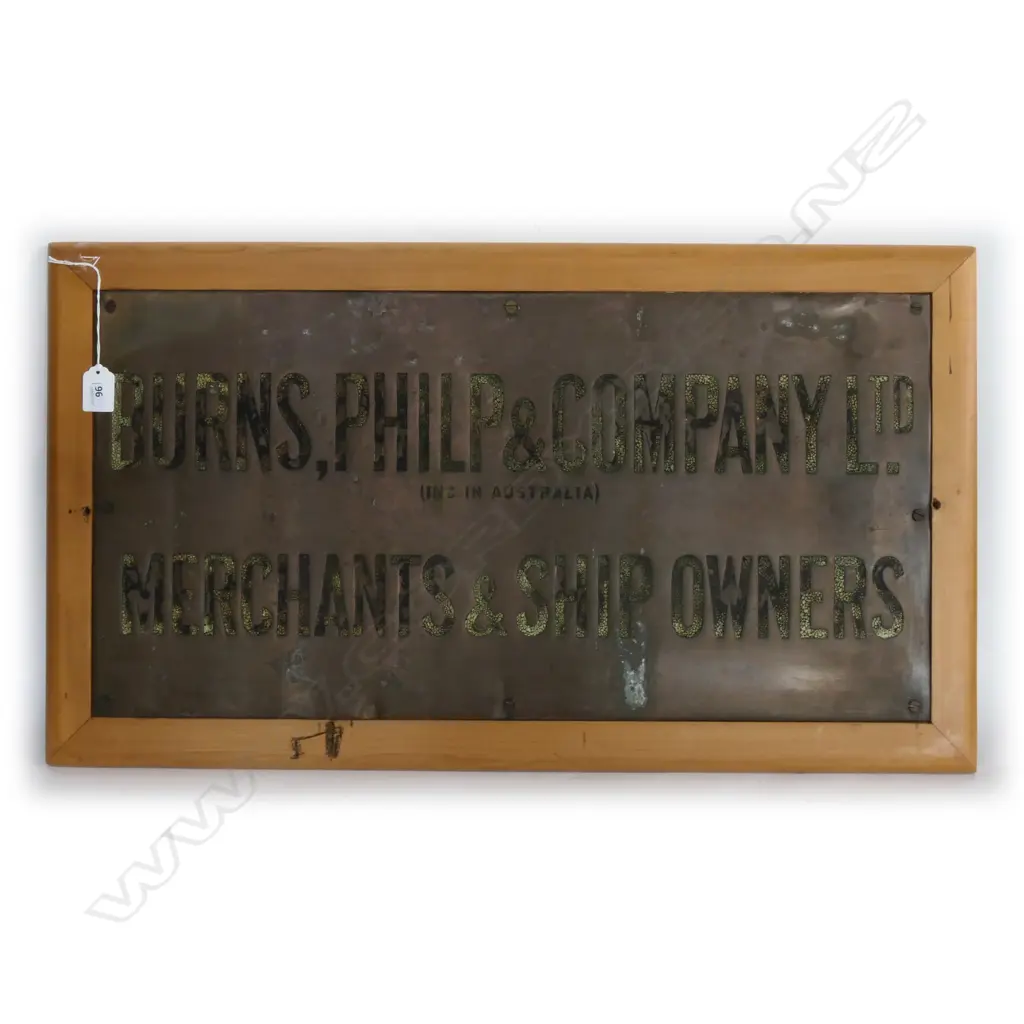 BRASS BUILDING SIGN 'BURNS PHILP & Co. LTD. MERCHANTS & SHIP OWNERS'. IN RIMU FRAME 740 x 410mm Image 1++