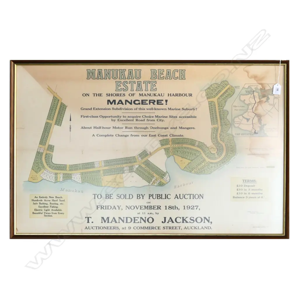 FRAMED AUCTION PUBLICITY CHROMOLITHO 'MANUKAU BEACH ESTATE, MANGARE!' DATED 1927. 910 x 600mm Image 1++