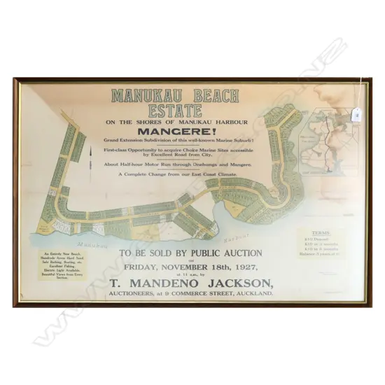 FRAMED AUCTION PUBLICITY CHROMOLITHO 'MANUKAU BEACH ESTATE, MANGARE!' DATED 1927. 910 x 600mm