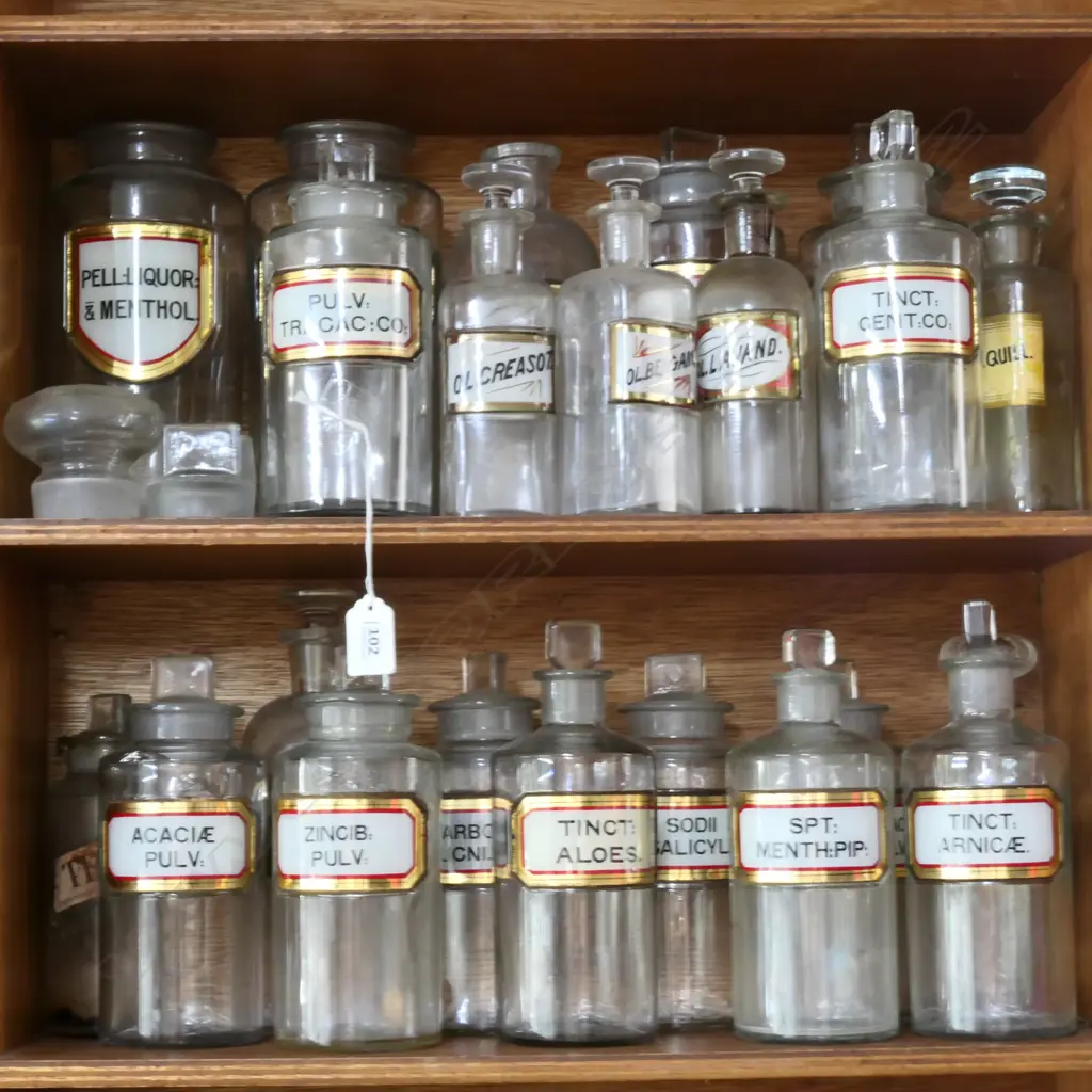 22 CHEMIST'S ROUNDS (GLASS BOTTLES) w GILT & ENAMEL GLASS LABELS (1 FAULTED) Image 1++
