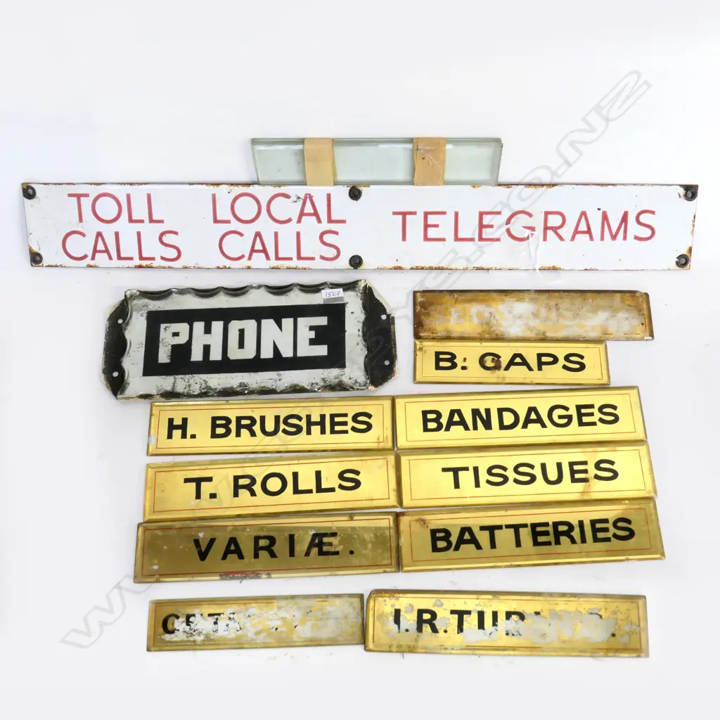 REVERSE GILDED & PAINTED GLASS CABINET SIGNS; REVERSE SILVERED 'PHONE' SIGN; & ENAMEL TOLL/LOCAL  CALLS/TELEGRAMS Image 1++